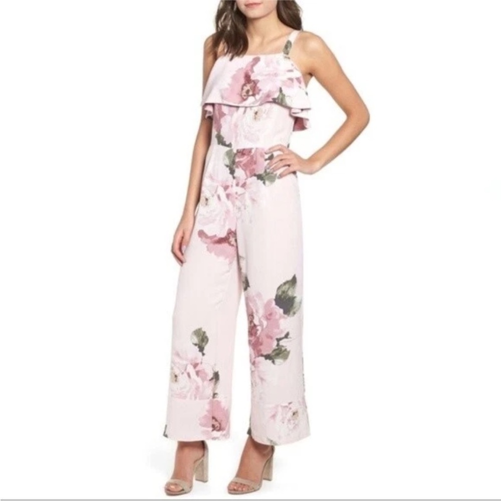 LEITH Blush Floral Ruffle Jumpsuit | Wide Leg | Wedding Guest